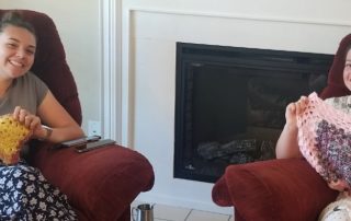 CROCHET SERVICE – Missionaries McKenna Miccolis, left, and Emily Stevens crocheting for NICU children.